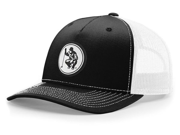 Round Golf Logo 5 Panel Snap Back Golf Hat in Black with White Mesh Back